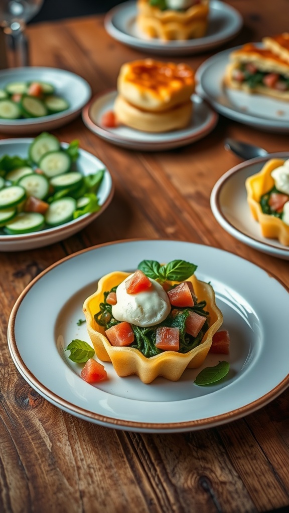 Italian Nidi di Rondine pasta nests filled with ham and spinach, garnished with basil on a wooden table with side salad.